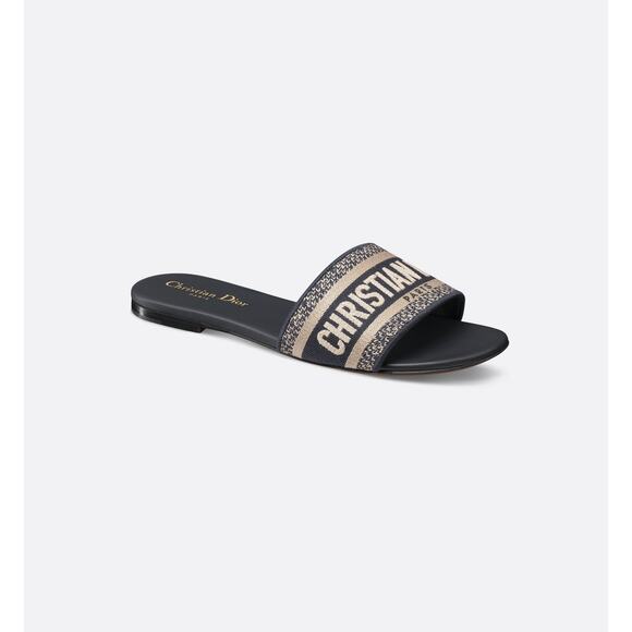 Dior Dway Slide Sandal- 37.5 Us 7.5 Deep Blue Embroidered Cotton - Picture 1 of 7